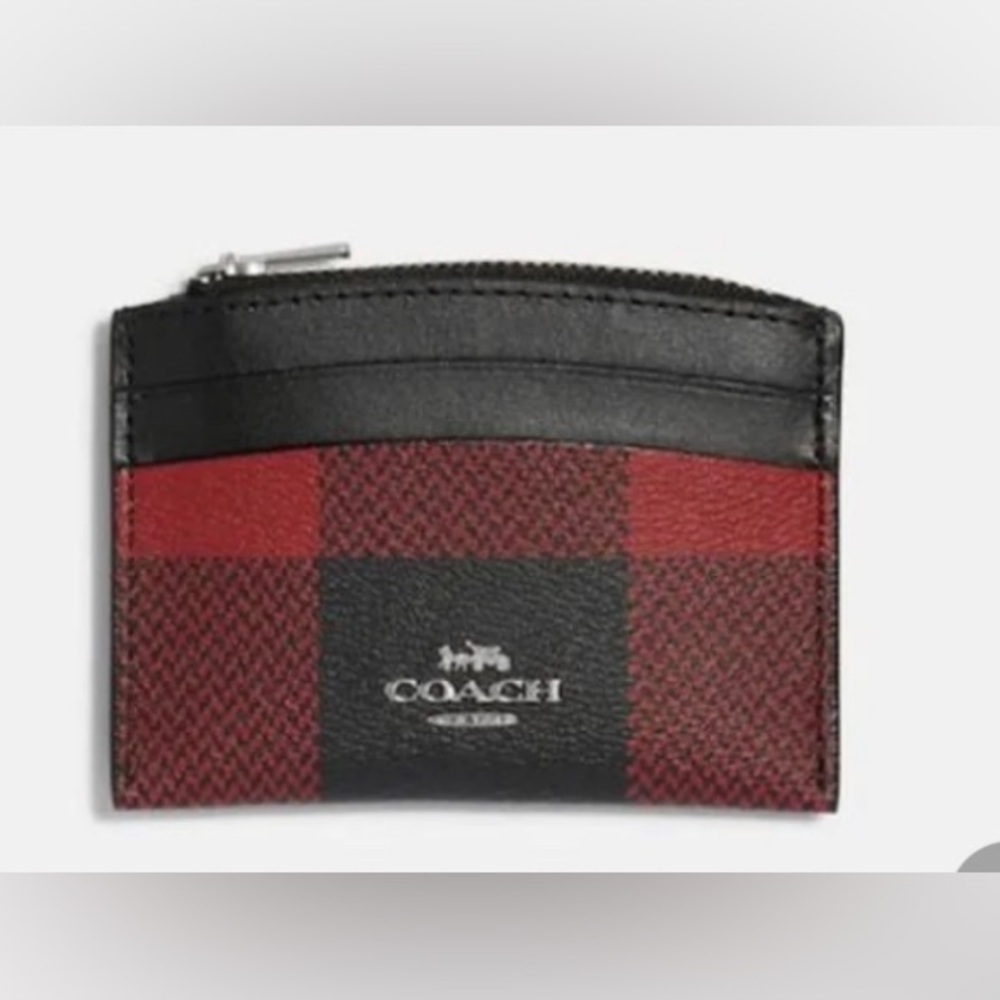 Coach - NEW -Shaped Credit Card Case, Red/Black Buffalo Plaid